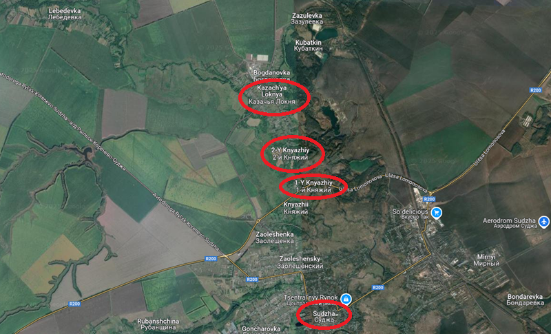 Nhiệm vụ thứ hai là bao vây Sudzha. Sau khi chiếm được Kazachya Locknya, quân đội Nga đang tìm cách vượt sông để tấn công các trang trại Knyazhiy số 1 và số 2 ở phía nam, đồng thời cố gắng tiến dọc theo tuyến đường cao tốc để đánh vào Zaoleshenka, nhằm cắt đứt tuyến đường H-7 mà quân đội Ukraine sử dụng để di chuyển giữa Sumy và các khu vực khác. Ảnh: Google Maps