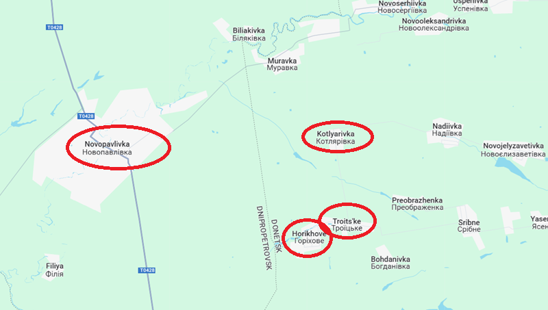 Hãy cùng xem lại hướng tiến quân của Nga tại khu vực phía tây nam, gần Novopavlivka. Quan sát viên Yuri Podolyaka cho biết, trong 36 giờ qua, quân đội Nga đã đạt được hai bước tiến quan trọng tại đây. Đầu tiên, quân đội Nga đã chiếm được Kotlyarivka. Ảnh: Google Maps
