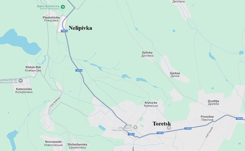Tiếp theo là tình hình ở hướng Toretsk. Quân đội Nga đang tiến công dọc theo hai tuyến đường 00519 và T0516, và cả hai tuyến đều có những bước tiến đáng kể. Đặc biệt, quân đội Nga di chuyển dọc theo tuyến T0516 đã bất ngờ tiến lên 5 km theo hướng tây bắc, vượt qua làng Nelipivka và tiến đến phía đông làng. Ảnh: Google Maps