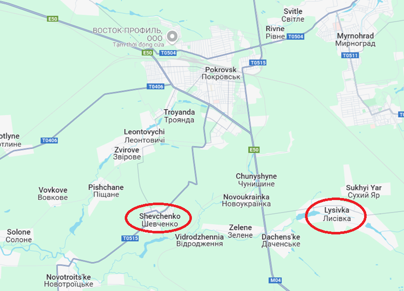 Trước hết, hãy nói về tình hình ở hướng Pokrovsk. So với tuần trước, cường độ chiến đấu ở đây rõ ràng đã giảm đi. Phó Chánh Văn phòng Tổng thống Pavlo Palisa, cho rằng trong vài tháng tới, Pokrovsk sẽ tiếp tục là mục tiêu tấn công chính của quân đội Nga. Hiện tại, chỉ có khu vực phía bắc Shevchenko và Lisivka tại Pokrovsk là vẫn có chiến đấu ác liệt. Ảnh: Google Maps