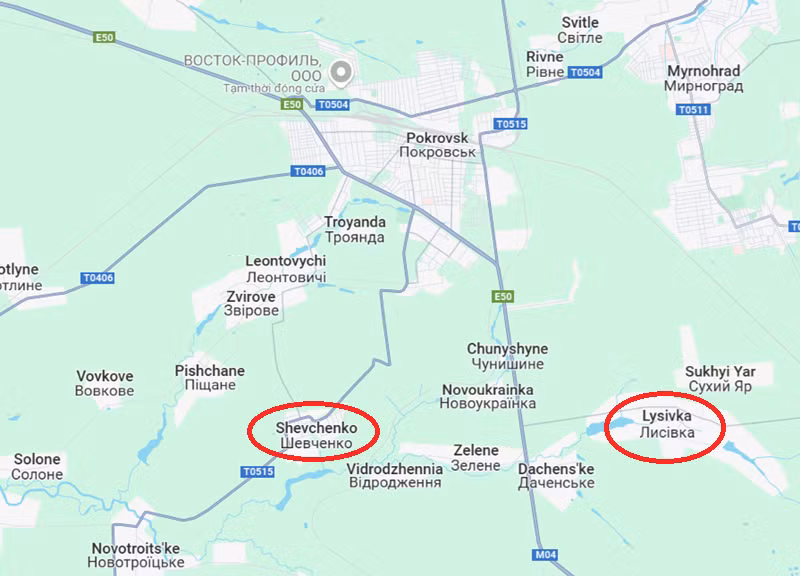 Trước hết, hãy nói về tình hình ở hướng Pokrovsk. So với tuần trước, cường độ chiến đấu ở đây rõ ràng đã giảm đi. Phó Chánh Văn phòng Tổng thống Pavlo Palisa, cho rằng trong vài tháng tới, Pokrovsk sẽ tiếp tục là mục tiêu tấn công chính của quân đội Nga. Hiện tại, chỉ có khu vực phía bắc Shevchenko và Lisivka tại Pokrovsk là vẫn có chiến đấu ác liệt. Ảnh: Google Maps