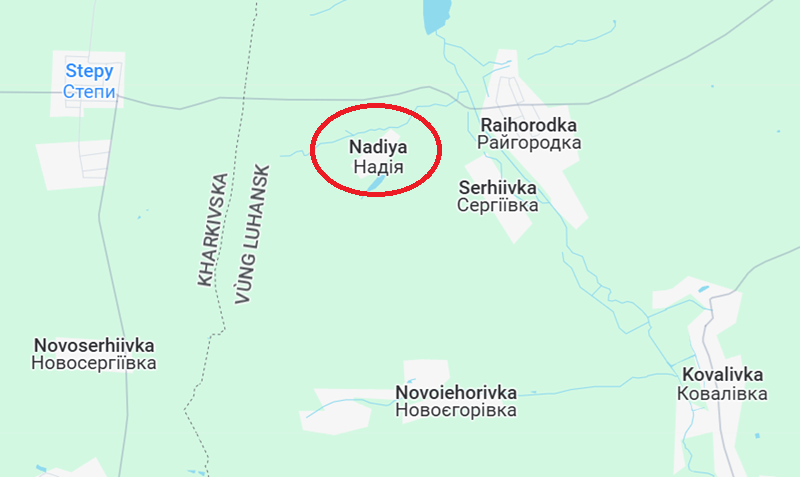 Tuy nhiên, ông Syrskyi một lần nữa lại tính sai. Chỉ để giành lấy một ngôi làng nhỏ là Nadiya, Lữ đoàn Đột kích Azov số 3 đã tổn thất đến hàng nghìn binh sĩ. Theo hãng tin TASS của Nga, trong vòng một tuần, chính quyền Kiev đã mất gần 5.400 binh lính và lính đánh thuê tại khu vực biên giới Luhansk. Ảnh: Google Maps