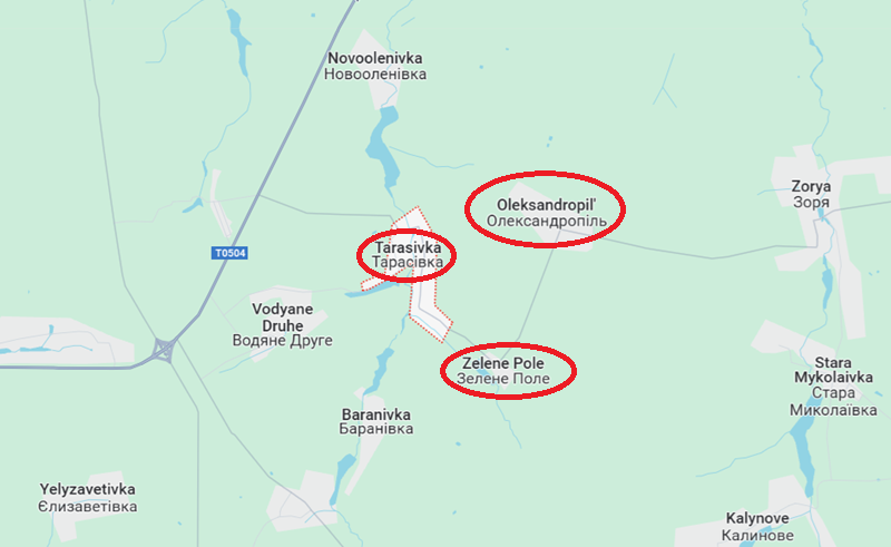 Theo báo cáo của Military Chronicle, tại sườn trái của phần nhô ra, Sư đoàn 20 thuộc Tập đoàn quân số 8 của Nga đang giao tranh giành quyền kiểm soát làng Tarasivka. Việc chiếm được ngôi làng này sẽ mở đường cho quân Nga đột phá phòng tuyến Ukraine thiết lập dọc theo Zelene Pole - nơi đã cản trở bước tiến quân Nga về phía bắc suốt gần một tháng qua. Ảnh: Google Maps