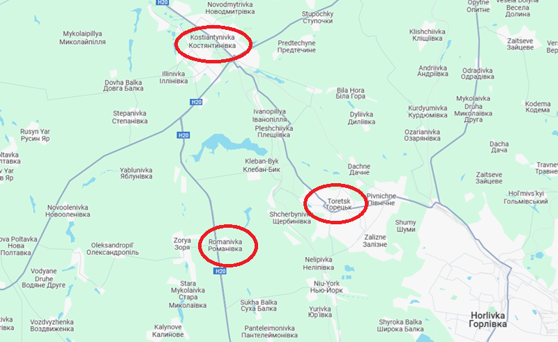 Không chỉ vậy, Nga còn có thể tiếp tục tiến công dọc theo tuyến đường H20 đến Romanivka. Khi ấy, toàn bộ phần lồi sẽ bị xoá bỏ, sườn phía tây nam của Toretsk sẽ được đảm bảo an toàn. Từ đó, quân Nga có thể đồng thời tiến quân từ Romanivka và Toretsk về phía nam Kostiantynivka. Ảnh: Google Maps