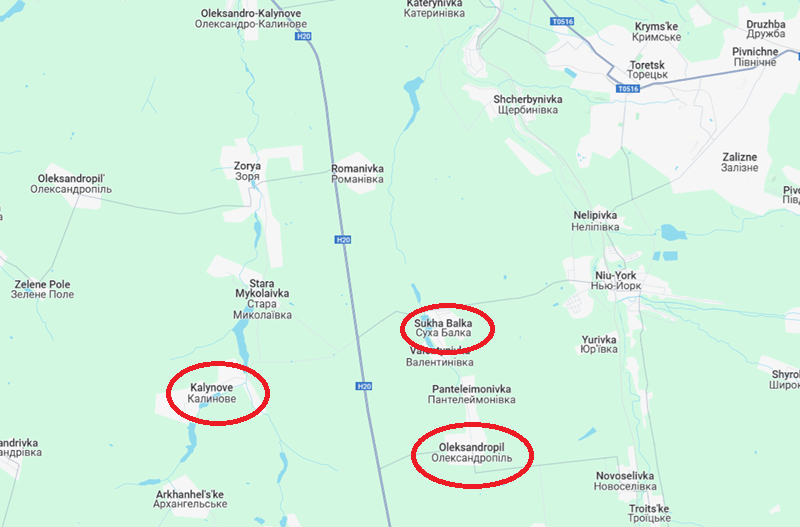 Ở hướng tây nam Toretsk, quân Nga đang mở cuộc tấn công toàn diện ở đáy của phần lồi chiến tuyến. Kênh “Chiến dịch Z: Phóng viên chiến trường của Mùa xuân nước Nga” cho biết, quân Nga đã bắt đầu tấn công vào Kalynove – khu vực gần như đã yên ắng suốt gần một năm qua. Động thái này nhằm phối hợp nhịp nhàng với cuộc tiến công dọc tuyến Oleksandropil-Sukha Balka, nơi trước đó quân Nga từng vấp phải sự kháng cự quyết liệt. Ảnh: Google Maps