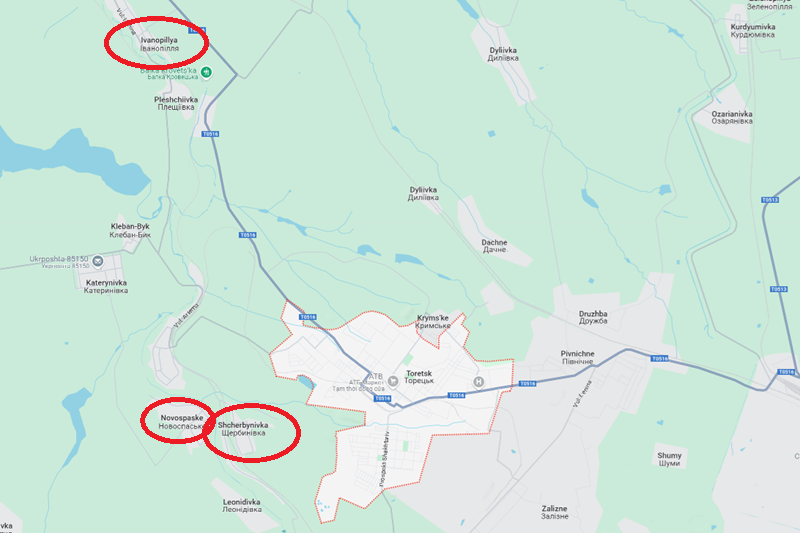 Tại khu vực này, quân Nga đang đồng thời tiến quân dọc theo hai tuyến đường T05-16 và 00524. Trong đó, đường 00524 là tuyến tiếp tế hậu cần quan trọng nhất của Shcherbynivka. Nếu Nga tiếp tục tiến về phía tây bắc và cắt đứt tuyến đường này, hệ thống hậu cần của quân Ukraine ở Shcherbynivka sẽ gặp rắc rối, chỉ còn trông cậy vào vài lối nhỏ băng qua sông và nguồn tiếp tế hạn chế từ khu vực Novospaske. Ảnh: Google Maps