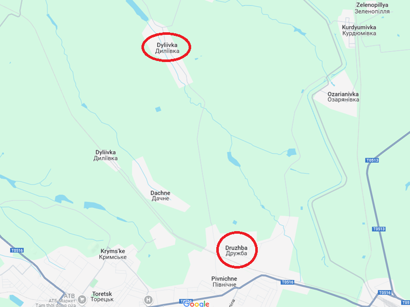 Về phía quân Nga, trong lúc tấn công trực diện cũng không quên xử lý các đợt tiến công từ hai cánh của quân Ukraine. Hiện tại, quân Nga đang mở đợt tấn công dữ dội về hướng Malaya Dyliivka. Một khi chiếm được nơi này, họ sẽ đe dọa đến tuyến đường 00519, buộc quân Ukraine gần Druzhba phải rút lui. Ảnh: Google Maps