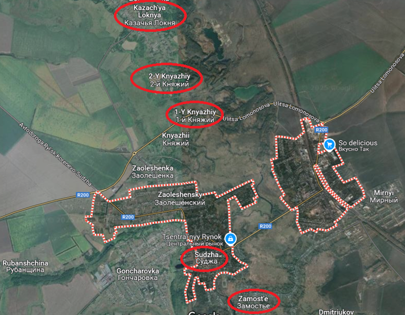 Bộ Quốc phòng Nga cũng thông báo rằng, tính đến trưa ngày 12/3, các đơn vị thuộc nhóm tác chiến "Bắc" đã giải phóng các khu dân cư Kazachya Loknya, 1st Knyazhy, 2nd Knyazhy, Zamostye và Mirny trong quá trình tấn công. Tất cả những khu vực này đều thuộc vùng đô thị Sudzha và thực tế là các quận nội thành Sudzha. Ảnh: Google Maps