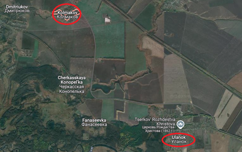 Cụ thể, vào khoảng 6 giờ sáng (giờ Moscow), dưới sự che phủ của sương mù dày đặc, lực lượng thiết giáp Ukraine xuất phát từ trang trại Kolmakov, phía đông Sudzha, và tiến về hướng làng Ulanok dọc theo tuyến đường chính. Đội hình tấn công bao gồm tới 50 xe bọc thép, kéo dài hơn một km. Ảnh: Google Maps