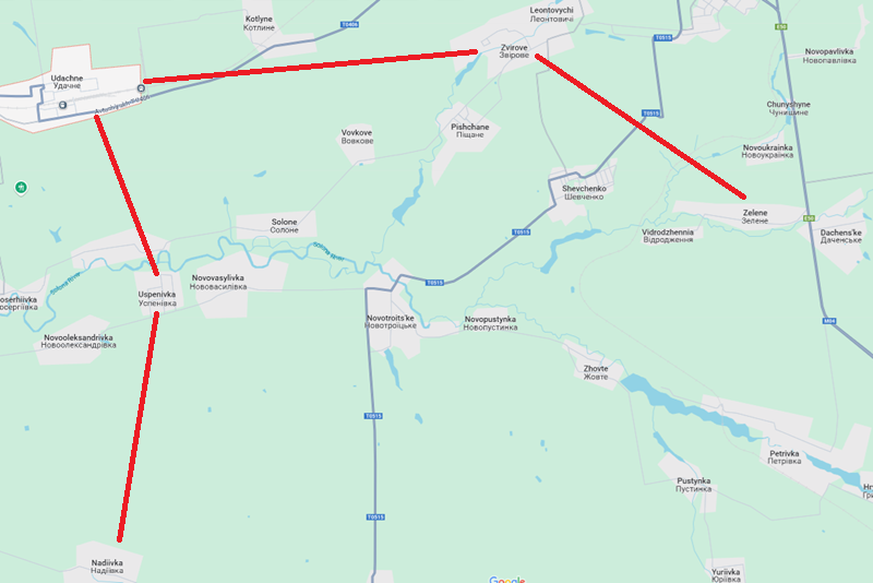 Khi Velika Novoselka bị bỏ rơi, quân đội Ukraine lại điều một lượng lớn viện binh tới thành phố Pokrovsk và phát động phản công ở nhiều khu vực. Theo Viện Nghiên cứu Chiến tranh Hoa Kỳ, trong 48 giờ qua, quân đội Ukraine đã tiến hành phản công trên một mặt trận rộng lớn từ Zelene qua Zvirove, Udachne, Uspenivka, và đến Nadiivka. Ảnh: Google Maps