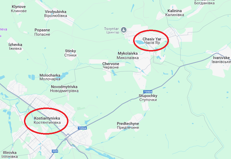 Đặc biệt, trong bối cảnh Toretsk gần như đã bị quân Nga giành lại, Ukraine buộc phải cố thủ Chasiv Yar bằng mọi giá. Nếu để mất khu vực này, Konstantynivka có thể sẽ bị quân Nga tấn công từ hai phía. Ảnh: Google Maps