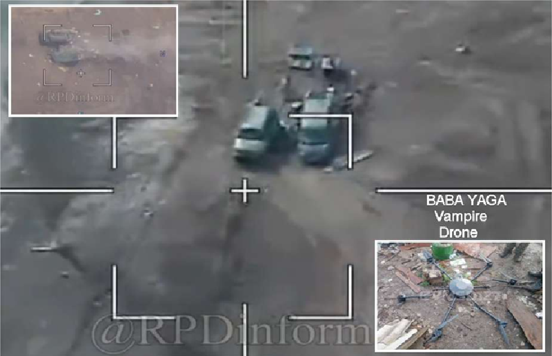 Ukraine đã bắt đầu triển khai các UAV “Baba Yaga” như một loại "tàu sân bay trên không”, mang theo FPV vào sâu trong hậu tuyến Nga. Vì tín hiệu điều khiển không bị gây nhiễu, các UAV cảm tử này có thể tấn công các mục tiêu cách chiến tuyến tới 30 km. Ảnh: Armyrecognition