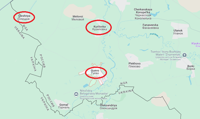Trong khu rừng Globoko, nằm giữa ngôi làng và trang trại, đã nổ ra các trận giao tranh ác liệt. Khu rừng này có một lực lượng lớn quân Ukraine, liên tục quấy rối khu vực phía tây Kurilovka, ngăn cản quân Nga tiến về Oleshnya và đe dọa sườn của lực lượng Nga đang tấn công làng Guevo. Ảnh: Google Maps