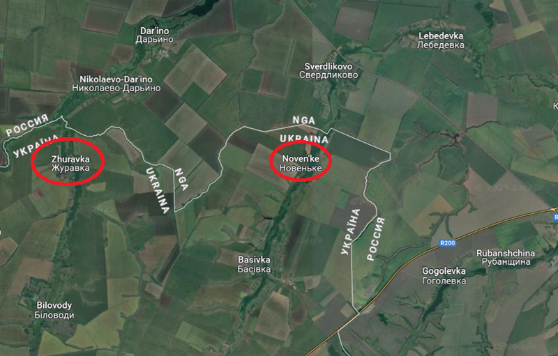 Giờ đây, ngay cả các nhà phân tích quân sự hàng đầu của Ukraine cũng không còn che giấu việc Nga đã đột phá vào tỉnh Sumy, kiểm soát các làng Novenke và Zhuravka, đồng thời tiếp tục tiến sâu vào huyện Sumy của khu vực này. Ảnh: Google Maps