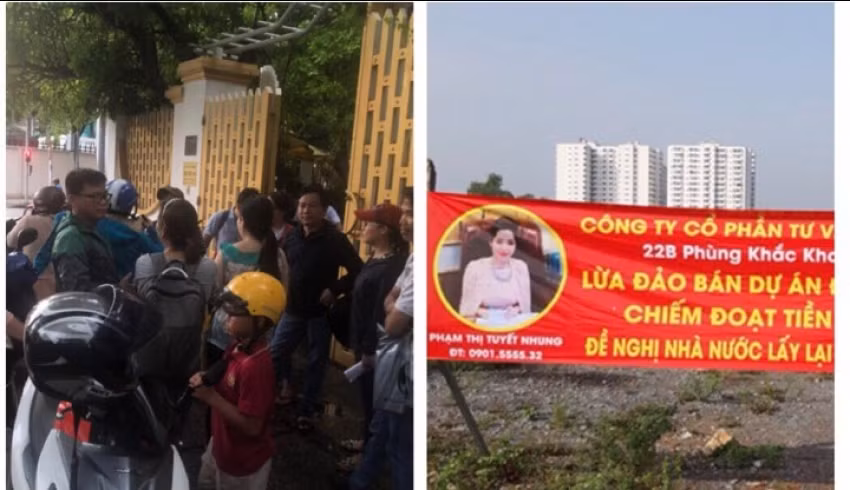 Công ty CP tư vấn và đầu tư Angel Lina “vẽ” nhiều dự án “ma” tại các khu đất công, khu quy hoạch ở nhiều quận, huyện của TP. HCM rồi quảng cáo kêu gọi khách hàng đầu tư góp vốn hàng chục tỷ đồng và cam kết thời hạn giao giấy chứng nhận quyền sử dụng đất. Nhưng khi đến thời hạn, công ty tìm cách kéo dài thời gian, còn Nhung bỏ trốn.