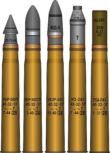 Đạn xuyên giáp BR-240 trang bị cho pháo 45mm 20-K trên xe tăng T-80 có thể xuyên giáp nghiêng 60 độ là 43mm ở cự ly bắn 100m, bắn càng xa mục tiêu thì sức xuyên giảm càng nhiều. Nếu bắn cách 1.500m thì sức xuyên của đạn chỉ còn 23mm. Với góc chạm giáp 90 độ thì sức xuyên của đạn 45mm đạt 52mm cách 100m, 28mm cách 1.500m.