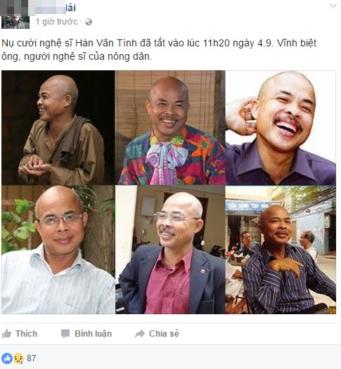 Tiễn biệt nghệ sĩ Hán Văn Tình, khán giả, cư dân mạng chia sẻ lại nhiều hình ảnh, những vai diễn của ông trong quá khứ. "Quềnh trọc" trong "Đất và Người" hay lão sợ vợ trong hài "Râu quặp", hay một diễn viên có nụ cười "rộng đến mang tai" trong mẩu quảng cáo thuốc ho trên truyền hình... tất cả dù giản dị nhưng rất thân quen và được lưu giữ trong tâm trí, ký ức của nhiều khán giả ở nhiều thế hệ khác nhau.