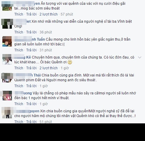 "Mãi mãi không quên được hình ảnh người nghệ sĩ diễn mà như không diễn", "Vĩnh biệt người diễn viên của nông dân", "Chuyện hôm qua, chuyện tình của chúng ta. Có lúc đớn đau, có lúc khát khao... Ôi bác Quềnh ơi!"... Đó là những dòng tiễn biệt đầy nước mắt, cảm xúc nghẹn ngào của những khán giả yêu quý Hán Văn Tình viết cho ông ngày ông trở về "mảnh đất lắm người nhiều ma".
