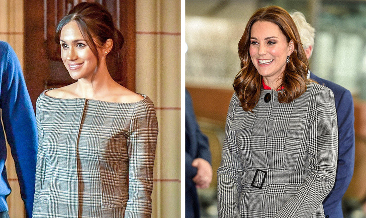  Áo xám có các kẻ sọc ô vuông nhỏ. Một chiếc áo khoác hay áo vét màu xám đang trở thành mẫu áo hiện diện trong hầu hết các tủ quần áo của các chị em, trong đó cũng có hai công nương nước Anh. Chi tiết kẻ sọc cổ điển giúp mẫu váy mà Công nương Meghan chọn hay áo khoác mà Công nương Kate diện thu hút người đối diện hơn.