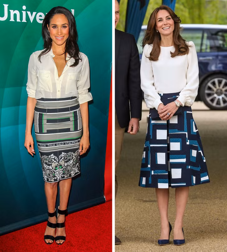  Váy in họa tiết hình học. Có thể nói rằng, các họa tiết hình học một phần giúp các mẫu váy trở nên mới mẻ hơn. Cả Công nương Kate Middleton và Công nương Meghan Markle đều năng diện mẫu váy này tại nhiều sự kiện.