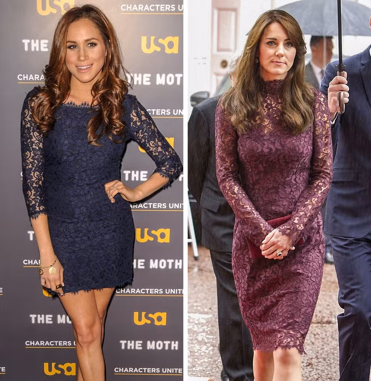  Váy ren nhẹ nhàng, tinh tế là một trang phục hoàn hảo dành cho buổi tối mà hai công nương thường chọn. Công nương Kate thường diện mẫu váy ren dáng dài tới đầu gối trong khi em dâu, Công nương Meghan lại chọn cho mình mẫu váy ren ngắn hơn.