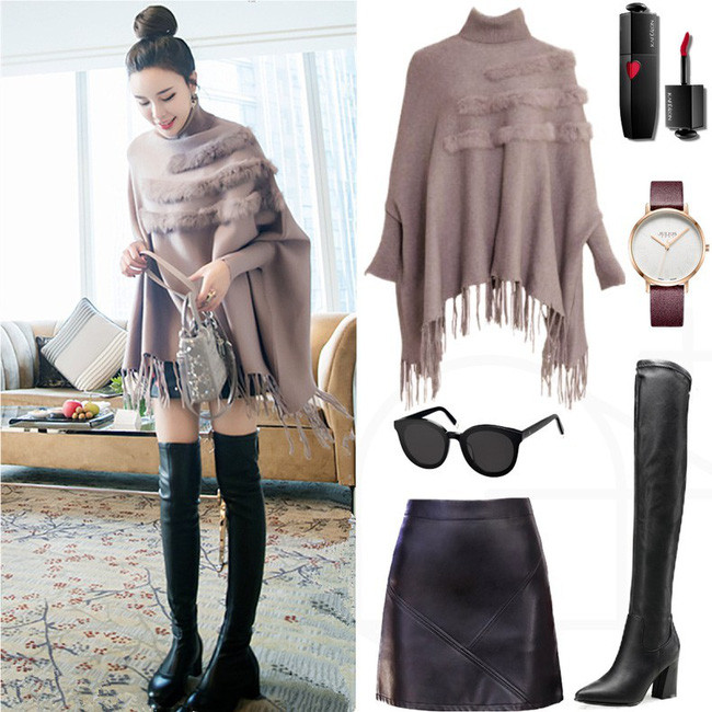 Với những bạn yêu thích phong cách nhẹ nhàng, đơn giản thì bạn có thể kết hợp boot đùi với áo len dáng rộng cùng chân váy xếp li dáng midi. Ảnh: yeutretho.