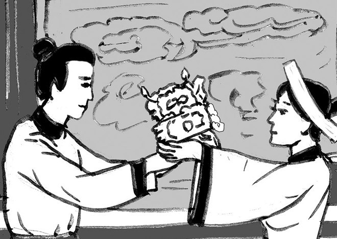 Tranh vẽ Lý Chiêu Hoàng nhường ngôi cho chồng là Trần Cảnh. Nguồn: Báo Bình Phướ