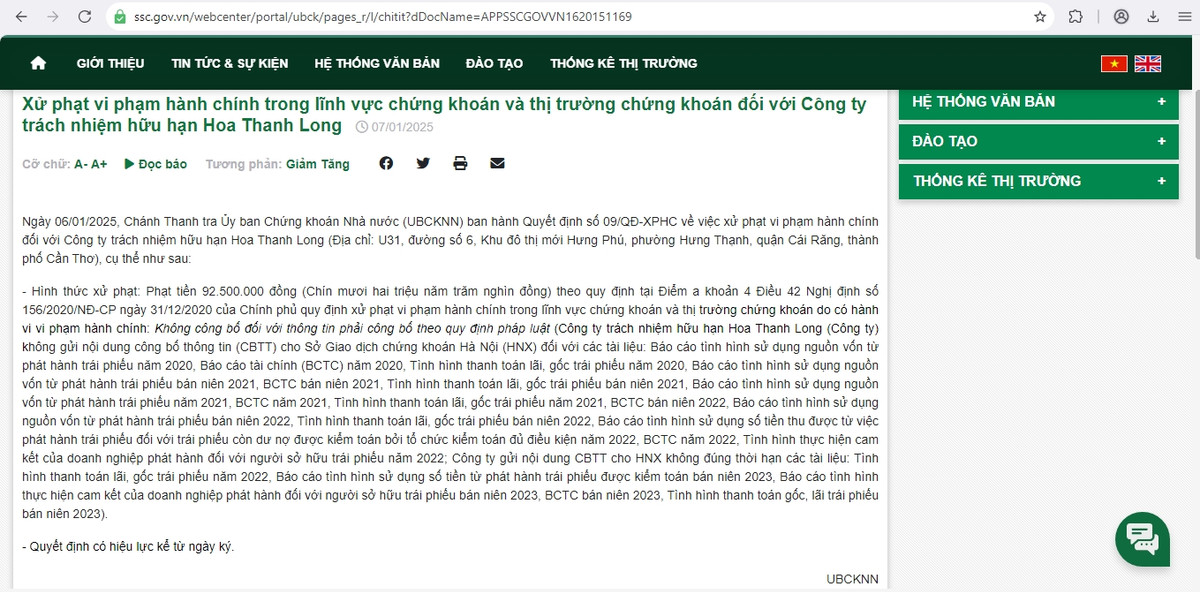 Biet gi Hoa Thanh Long dinh sai pham cong bo thong tin, bi phat?