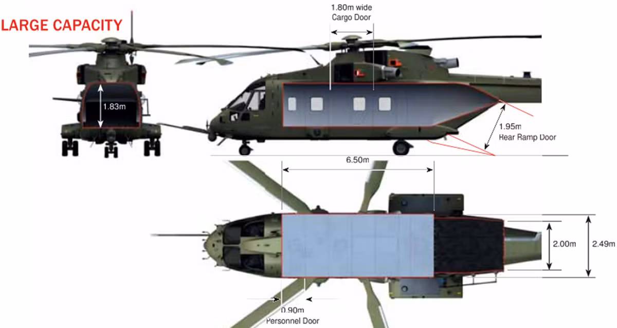  Trực thăng đa năng Mi-38 có chiều dài 19,7m, cao 5,13m, đường kính cánh quạt chính 21,1m; tốc độ tối đa 320km/h, tầm hoạt động 920km, chở tối đa 36 người hoặc 5 tấn hàng hóa.
