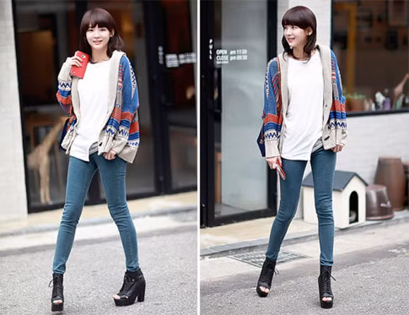 Mix quần skiny jean với áo phông và khoác len.