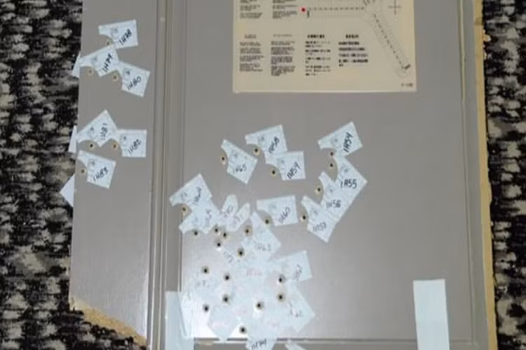 Cánh cửa phòng của Paddock với chi chít lỗ đạn của cảnh sát Las Vegas khi tiến vào bên trong, nó bị phá gãy đôi chỉ sau vài phút. Ảnh: Daily Mail.