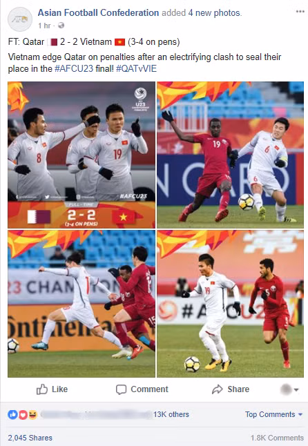 Chiến thắng của U23 Việt Nam làm dậy sóng trang Facebook của AFC