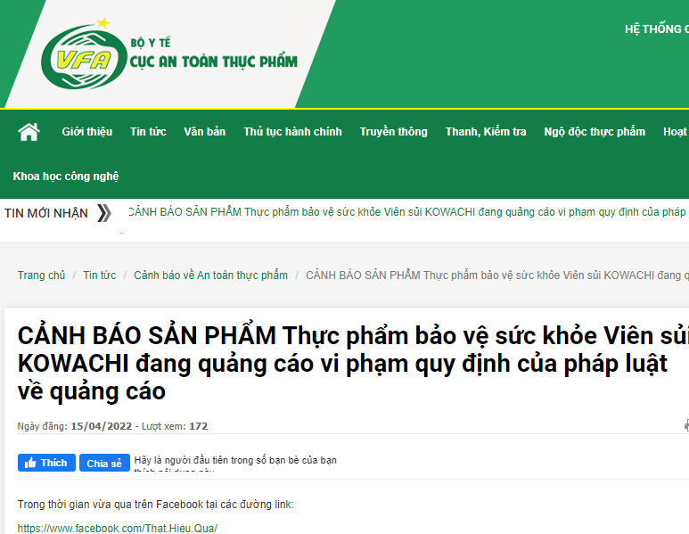 Canh bao ve thong tin quang cao san pham TPBVSK Vien sui KOWACHI