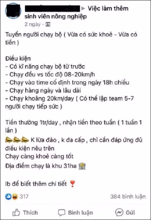 Ky la chuyen tuyen nguoi chay bo 1 trieu dong/ngay, nhan tien lien tay