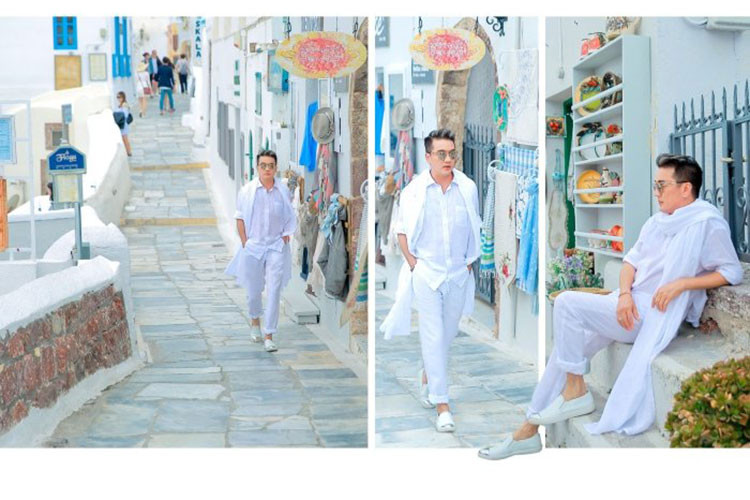 Mr Đàm chất lừ trên phố ở "đảo thiên đường" Santorini. Ảnh: VTC