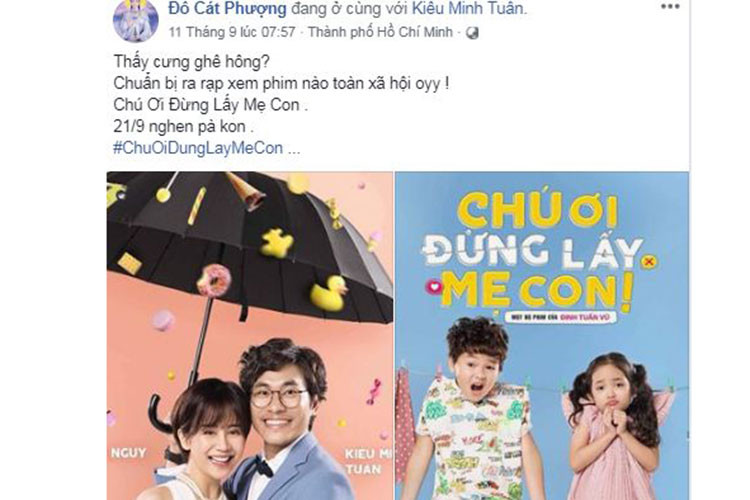 Trước khi Kiều Minh Tuấn thừa nhận yêu An Nguy, Cát Phượng từng khẳng định tin tưởng tình trẻ không yêu bạn diễn. Gần đây, Cát Phượng còn đăng tải status ủng hộ phim của An Nguy - Kiều Minh Tuấn đóng.