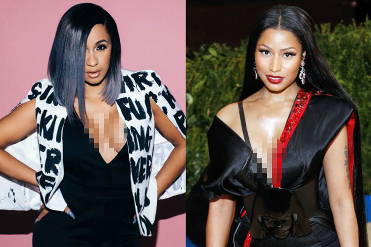 Trước hành động gây sự của Nicki, Cardi cởi guốc ném vào đồng nghiệp. Sau đó, cả hai ẩu đả. Ảnh: Usmagazine