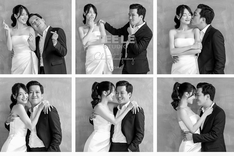 Ngoài những khoảnh khắc hài hước, Trường Giang và Nhã Phương không thiếu những giây phút lãng mạn, tình tứ bên nhau trong bộ ảnh cưới.