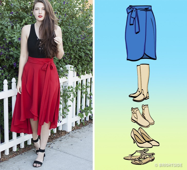 Chân váy quấn: Đây là chiếc váy được xem là phù hợp với mọi phụ nữ, bất kể hình dáng như thế nào. Nó cũng dễ dàng kết hợp với giày. Nhiều nhà thiết kế khuyên bạn nên chọn những đôi giày sandal đế thấp, giày bệt, bốt đế bằng hoặc giày gót thấp.