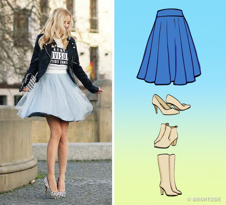  Váy xòe: Các chuyên gia thời trang khuyên bạn hãy mix giày cao gót với váy xòe, với chiều cao của giày tùy thuộc vào sở thích của bạn và hoàn cảnh bạn tham dự. Bạn cũng có thể chọn một đôi bốt cao gót cho những ngày mưa mùa thu, miễn là nó phù hợp về màu sắc và kết cấu với chiếc chân váy bạn mặc.
