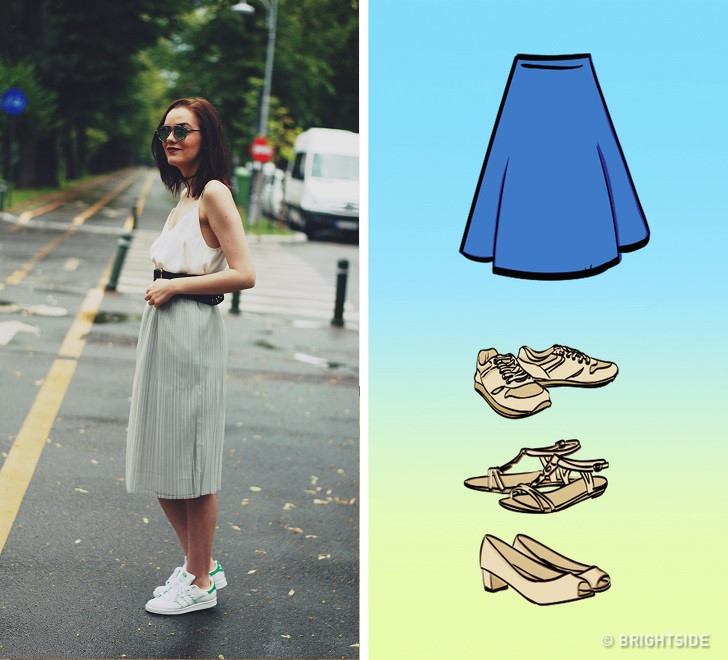 Chân váy midi: Đây là chiếc váy hoàn toàn cho tủ đồ hè thêm rực rỡ, trẻ trung. Bạn có thể kết hợp váy midi với các phụ kiện sáng màu và nhiều loại khác nhau. Nếu bạn sở hữu chiều cao lý tưởng, đừng ngần ngại chọn giầy đế bệt trong khi cô nàng thấp bé thì nên đi giày từ 5 cm trở lên, có thể hở mũi chân. Phá cách một chút, bạn có thể đi giầy thể thao khi mặc chân váy midi