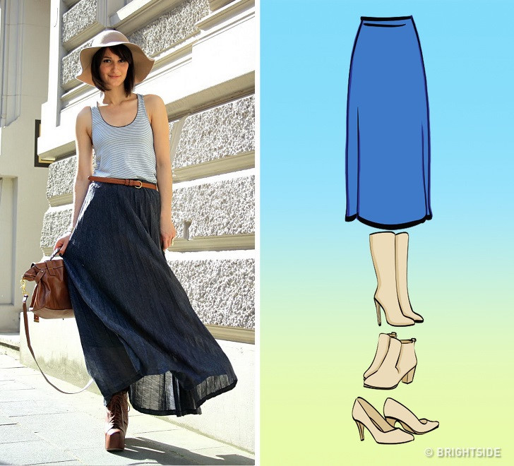 Chân váy maxi: Đây là loại váy giúp bạn làm nổi bật vòng eo, vì vậy, nên kết hợp thêm với thắt lưng hoặc áo ghi lê với màu sắc phù hợp. Khi chọn giày, các chuyên gia thời trang khuyên bạn nên mang các loại giày, bốt cao gót. Vào mùa hè, bạn có thể kết hợp chân váy maxi với sandal cao gót, trong khi mùa đông lạnh, giày cao gót phủ qua mắt cá chân là lựa chọn phù hợp.