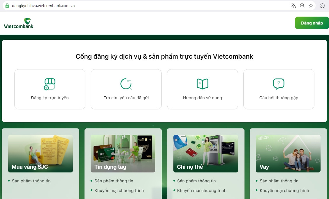 Vietcombank thông báo, thời gian giao dịch (hàng ngày, ngoại trừ ngày nghỉ, ngày lễ theo qui định) như sau: Đăng ký mua vàng miếng SJC trực tuyến: từ 9h00 - 16h00; thanh toán và giao nhận vàng tại điểm bán vàng miếng SJC của Vietcombank từ 13h30-16h00.