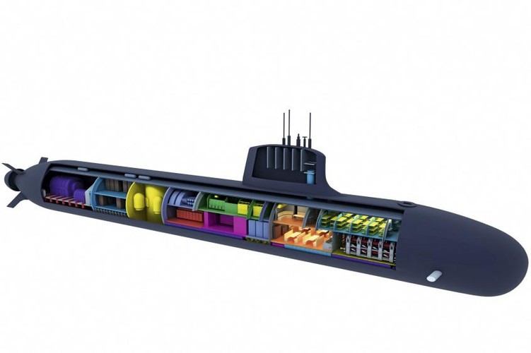 Theo các chuyên gia quân sự, nhờ sử dụng công nghệ tiên tiến, SSN Suffren có khả năng tự động hóa rất cao, cho phép giảm thủy thủ đoàn từ 10-15 người và có tải trọng gấp đôi so với các tàu ngầm lớp Ruby và Amethyst hiện có trong trang bị của Hải quân Pháp. Ảnh: Đồ họa SSN lớp Barracuda của Pháp - Nguồn: Naval News.