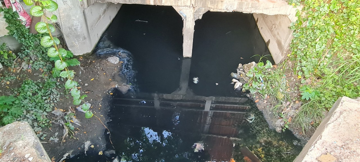 Bùn đất bồi lắng thành từng lớp dày trước miệng cống thoát nước khu vực phường Thanh Khê Tây.