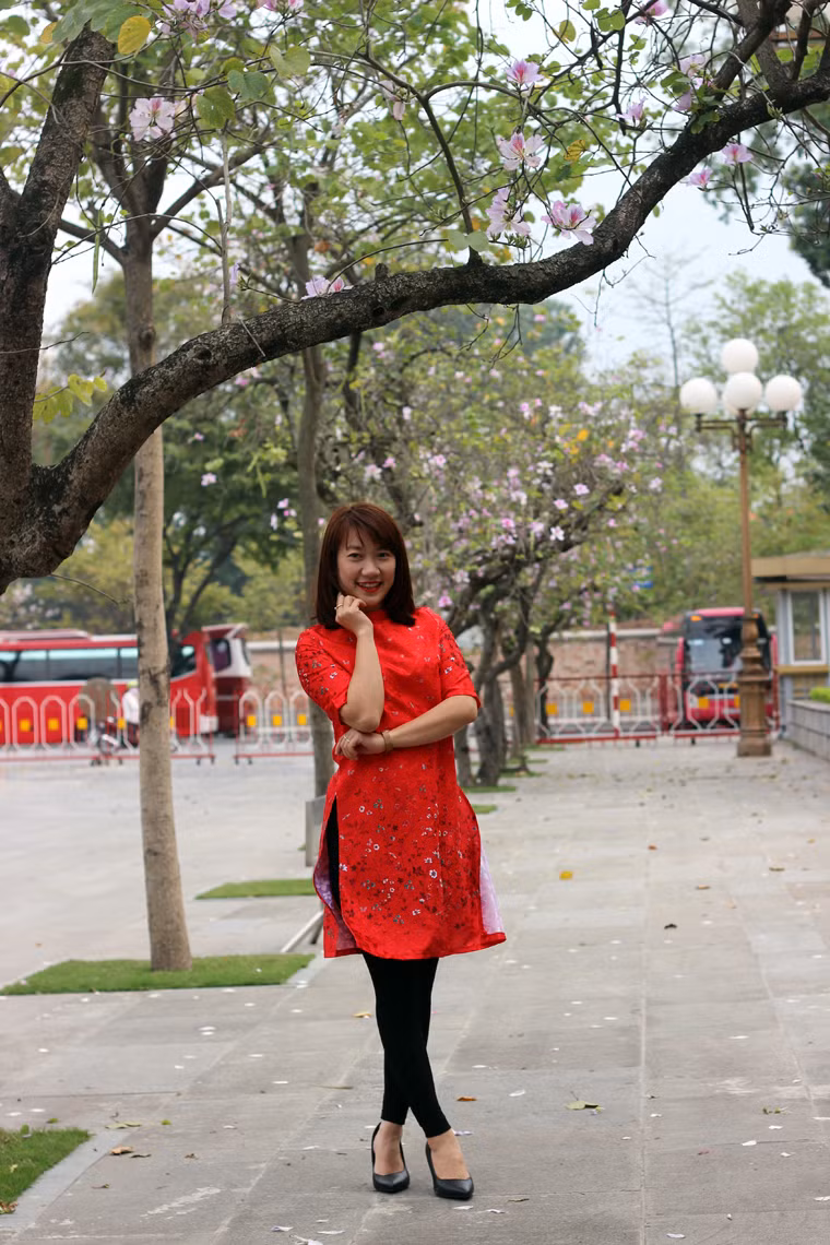 Nét duyên dáng của cô gái Hà Nội bên những cánh hoa ban.