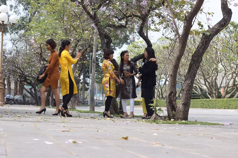 Ai nấy đều hào hứng, tạo dáng đủ kiểu khi chụp ảnh cùng hoa ban.