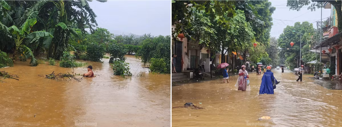 Theo ghi nhận của PV, tại khu vực đường kè sông Hồng và đường Thanh Niên, phường Hồng Hà, thành phố Yên Bái mực nước dâng nhanh. Thời điểm PV ghi nhận nước đã ngập đường 50-80cm.