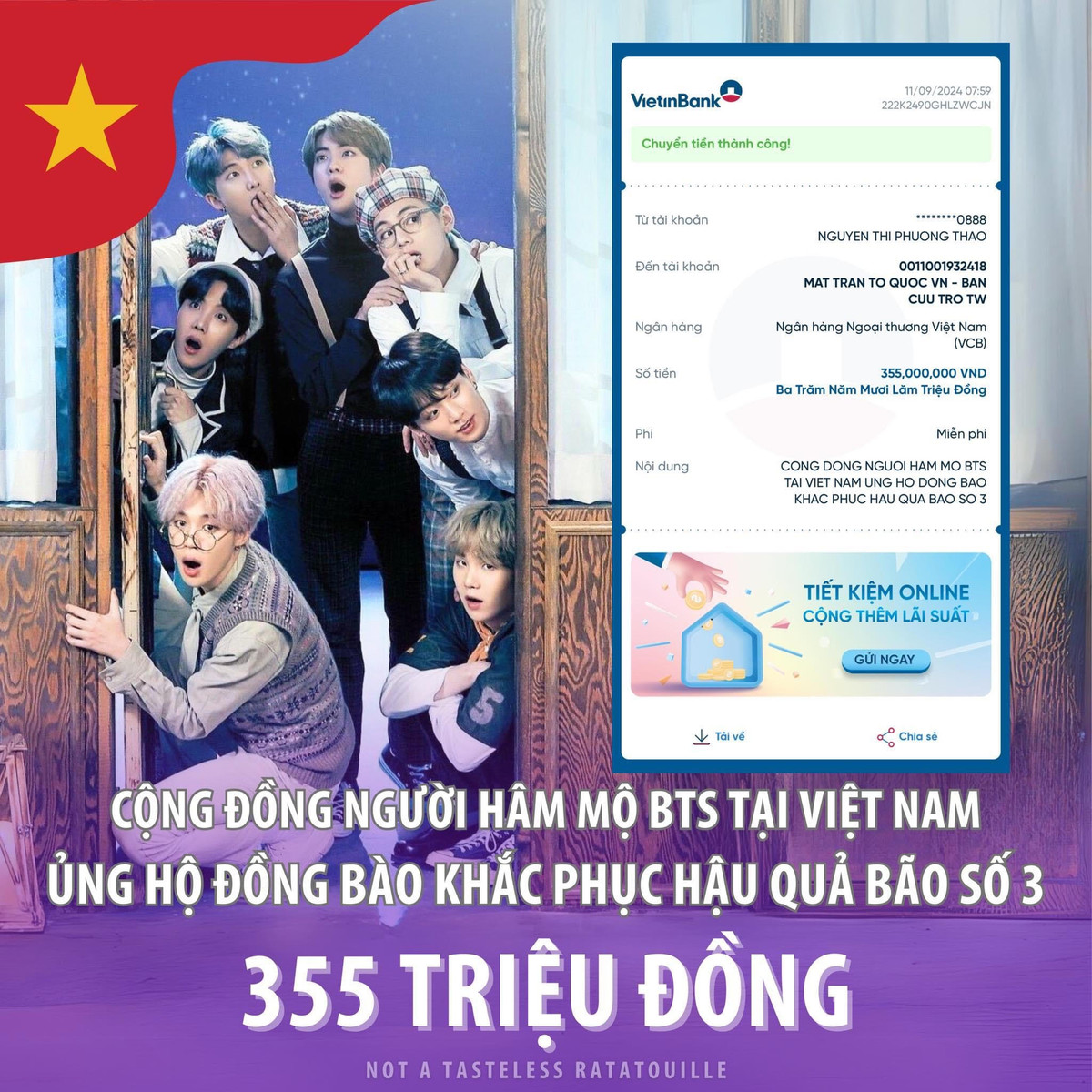 ARMY VIỆT NAM - Cộng đồng fan nhóm nhạc BTS ủng hộ đồng bào khắc phục bão 355 triệu đồng.