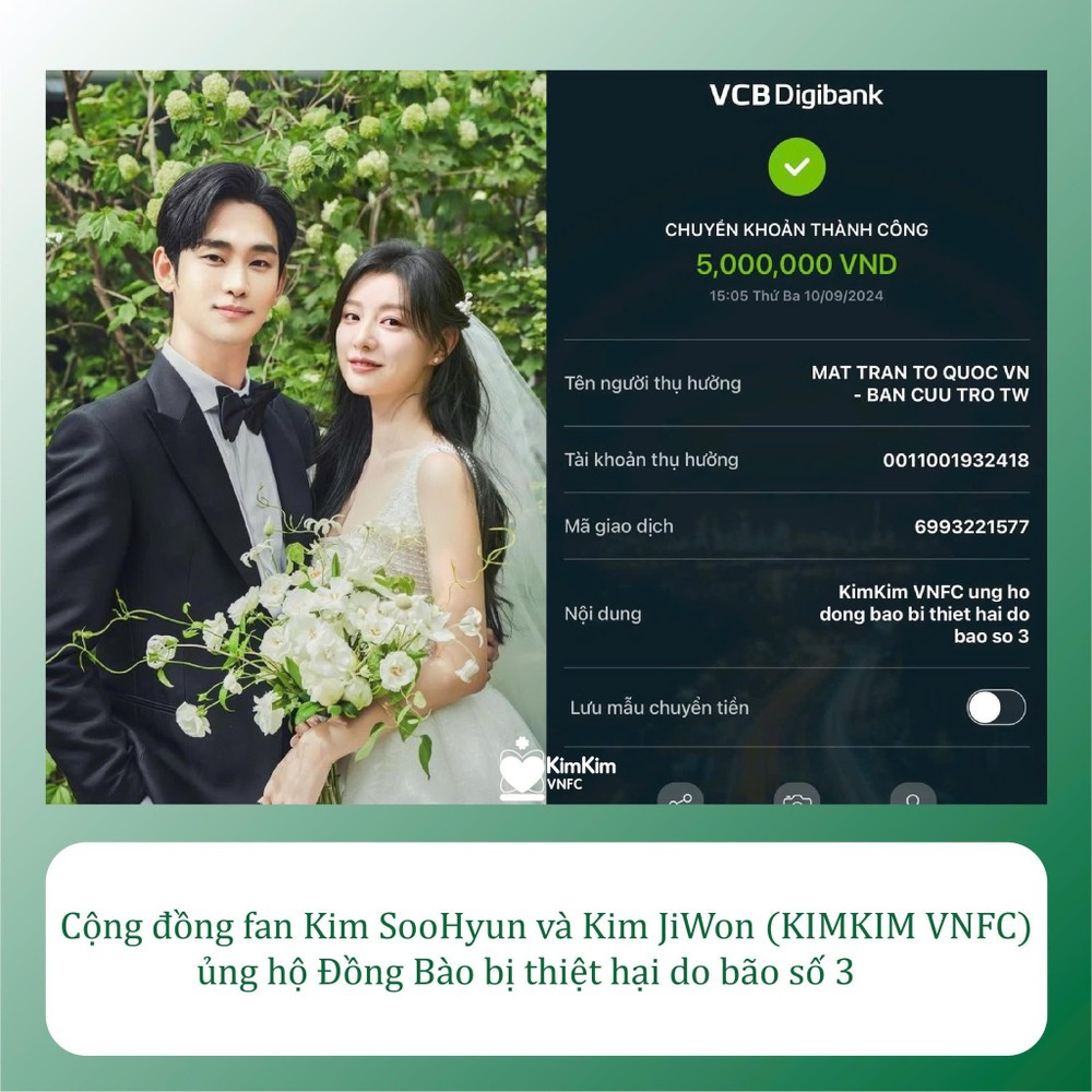 Cộng đồng fan diễn viên Kim Soo Hyun và Kim Ji Won ủng hộ người dân vùng bão lũ.